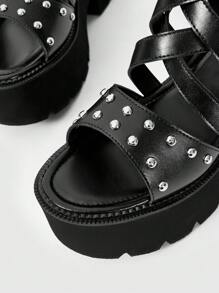 ROMWE Giày cao gót đế xuồng phong cách La Mã cổ điển thường ngày màu đen cho nữ, giày đế xuồng đế dày, đế xuồng dày, có dây đeo chéo đinh tán kiểu Gothic Punk, khóa kéo phía sau - màu đen - Xem 5