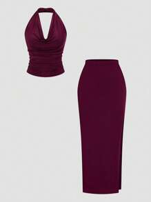 SHEIN MOOSTA Bộ đồ nữ thành thị gợi cảm lãng mạn không tay hở lưng cổ xếp ly + váy maxi xẻ cao màu đỏ rượu vang - Màu Đỏ Sâu - Xem 1