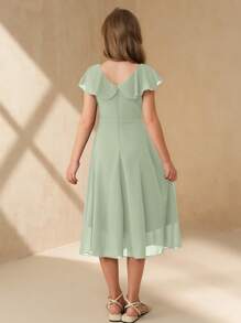 SHEIN 少女优雅简约 V 领荷叶边无袖高腰中长纯色雪纺蓝色派对礼服，适合夏季女孩毕业典礼和婚礼 - 綠色 - 查看 2