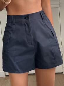 DAZY 女士夏季松紧腰拼接抽绳腰部工装口袋街头时尚休闲短裤 - 藏蓝色 - 查看 2