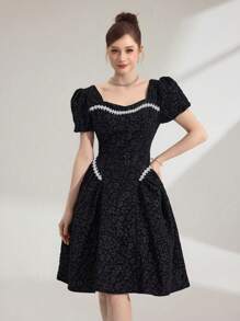 Poshira Damen elegantes jacquard Kurzes Kleid mit Strass Dekor, Sommer - Schwarz - Übersicht 3