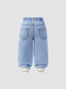 SHEIN Playful Pals Denimly 女婴休闲日常都市街头破洞浅色洗水牛仔裤，搭配甜美多巴胺渐变心形向日葵星星印花，松紧腰带 - 淺色水洗藍 - 查看 2