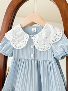 SHEIN LMoss Kids Babygirl 甜美夏季蓝色条纹宽松彼得潘领短袖连衣裙 - 藍色 - 查看 7