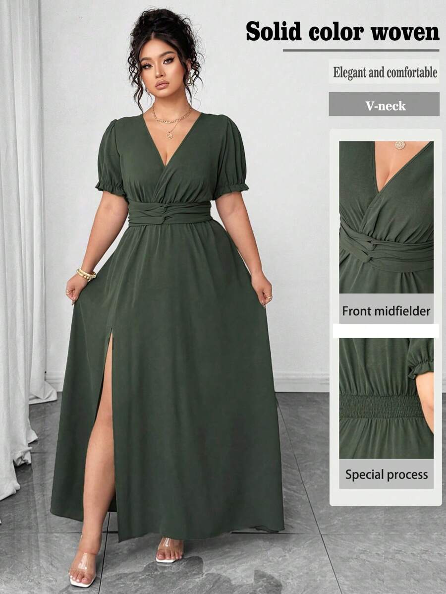 SHEIN Clasi Plus Size Women's V-Neck Puff Sleeve Solid Color Waist Cinched Long Slit Maxi Dress, Elegant & Dignified, Spring/Summer