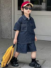 Dazy Kids 男童破洞牛仔短袖T恤和短裤套装，休闲 - 藍色 - 查看 8