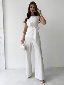 Firerie 女士优雅休闲白色无袖腰部不对称荷叶边下摆连体裤，适合日常、通勤、夏季外出，全白女装 - 白色 - 查看 2