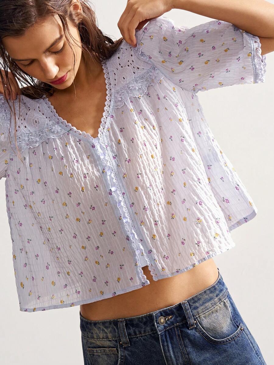 Bohemela 休闲印花彼得潘领宽松短袖女式衬衫 - 彩色 - 查看 1