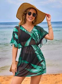 SHEIN Swim New Summer Green Leaf Random Print V-Neck Short Sleeve Mesh Drawstring Waist Mid-Length Beach Cover Up For Women - Multicolor - View 4