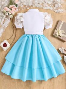 SHEIN 2 Pieces Girls Outfit, Collared Contrast Mesh Embroidered Short Sleeve Shirt And Elastic Waist Tiered Skirt, Elegant For Girls, Spring/Summer, Girls Skirt And Blouse Sets Age 10