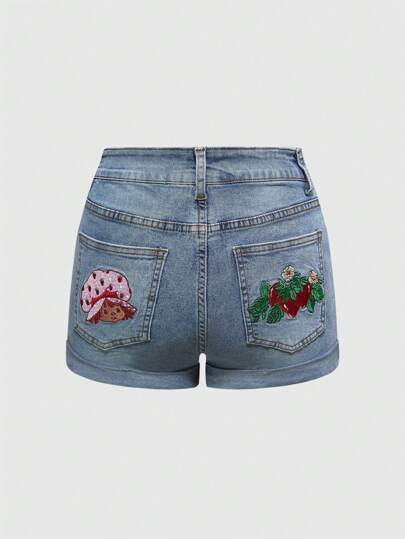 Women's Summer Embroidered Cartoon Strawberry Cuffed Hem Denim Shorts