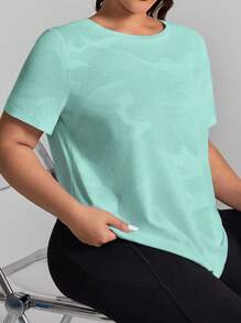 SHEIN Rhythm Era 女式加大码迷彩印花短袖透气舒适健身T恤健身房衬衫 - 水鴨藍 - 查看 4