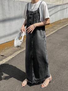 FRIFUL 女士直筒牛仔背带裙 - 深灰色 - 查看 2