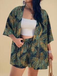 SHEIN VCAY 大码女式蓝叶印花和服衬衫和短裤套装，海滩度假装夏季