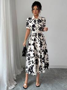 Elenzga 女式印花束腰度假优雅连衣裙，夏季 - 杏色 - 查看 5