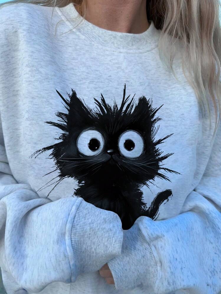 SHEIN EZwear Sudadera holgada de cuello redondo de manga larga con estampado minimalista casual y lindo de gatito esponjoso y letras, adecuada para primavera, estilo Y2K, para mujeres - Gris Claro - Añade 7