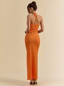 SHEIN BAE Bộ 2 món/Bộ áo crop top dây mảnh màu cam kết cấu trơn và váy dài cạp trễ cho nữ, trang phục nghỉ dưỡng cho mùa xuân/hè - trái cam - Xem 2