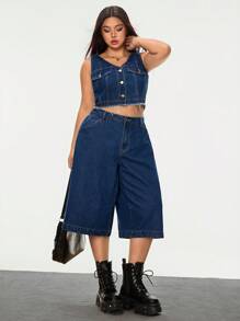SHEIN EZwear 大码女式夏季酷炫辣妹牛仔夹克 - 深色水洗藍 - 查看 3