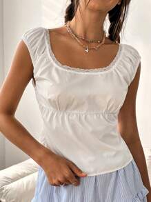 Jouncy 女式休闲纯色蕾丝边T恤，夏季 - 白色 - 查看 3