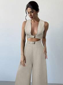 Firerie Nuevo conjunto de primavera/verano de 2 piezas: Elegante y vintage chaleco de color negro sólido, de doble botonadura, con escote en V y estructura hueca, talla grande pantalones casuales minimalistas de talle alto y pierna ancha con hebilla metálica.