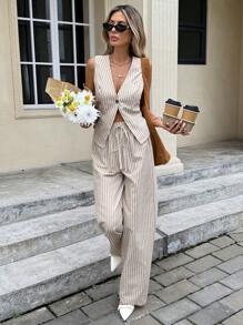 SHEIN Frenchy New Summer Cotton Striped Suits For Women, Apricot Casual Formal Suits, Casual Suits For Mujer, Daily Commuting Suits, Elegant Suits For Dama, Comfortable Cotton Clothing