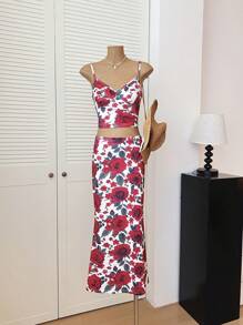 INAWLY 女士优雅花卉印花吊带背心和迷你裙两件套，夏季