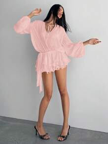 Aloruh Women's Glitter Lantern Sleeve Loose Drawstring Ruched Multi-Layered Ruffle Hem Mini Romantic Fairy Chiffon Dress