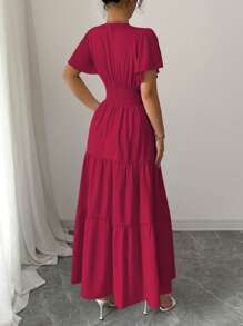 Elenzga Spring/Summer 2025 New Elegant French Style Waist Cinching Slim Fit Purple Short Sleeve Dress - Burgundy - View 2