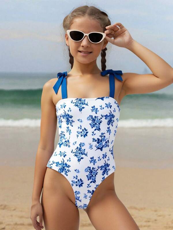 SHEIN Costum de baie dintr-o singură piesă, cu imprimeu floral și funde în blocuri de culori, pentru fete preadolescente, stil casual de vacanță