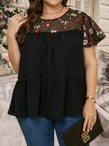 EMERY ROSE Plus Size Women Floral Embroidery Mesh Patchwork Ruffle Hem Loose Blouse, Tunic Top,Women's Holiday Wear, Brunch Outfits For Women, Business Casual Women, Going Out Tops Women, Wedding Guest Dress Women,Summer Outfits For Women - Black - View 1