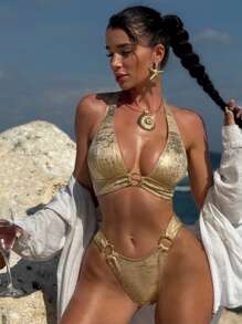 Swim SXY Set de 2 piezas Bikini estilo europeo y americano con escote profundo en V, espalda descubierta y cruzada con brillo, para mujeres