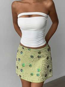 Aloruh 女式 YTK 性感优雅亮片刺绣绿色迷你裙女式夏季服装女式裙子鼠尾草绿色裙子 - 綠色 - 查看 6