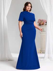 Coutiva فستان سهرة رسمي بأكمام قصيرة لون أحادي، موضة الصيف لكامل الحجم - أزرق غامق - مشاهدة 4