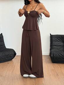 Gloray 女士金属外壳装饰吊带背心和裤子度假休闲套装，春夏 - 咖啡棕 - 查看 5