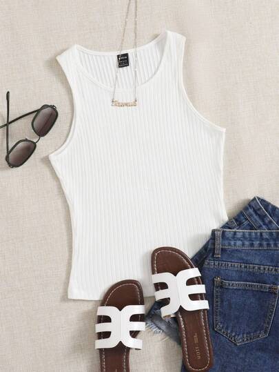SHEIN EZwear Summer Outfits Solid Rib Knit Tank Top