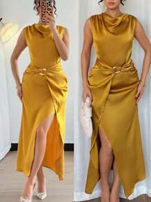 Chiquease 优雅低胸腰部金属装饰开衩芥末黄纯色女式连衣裙 - 芥末黃 - 查看 1