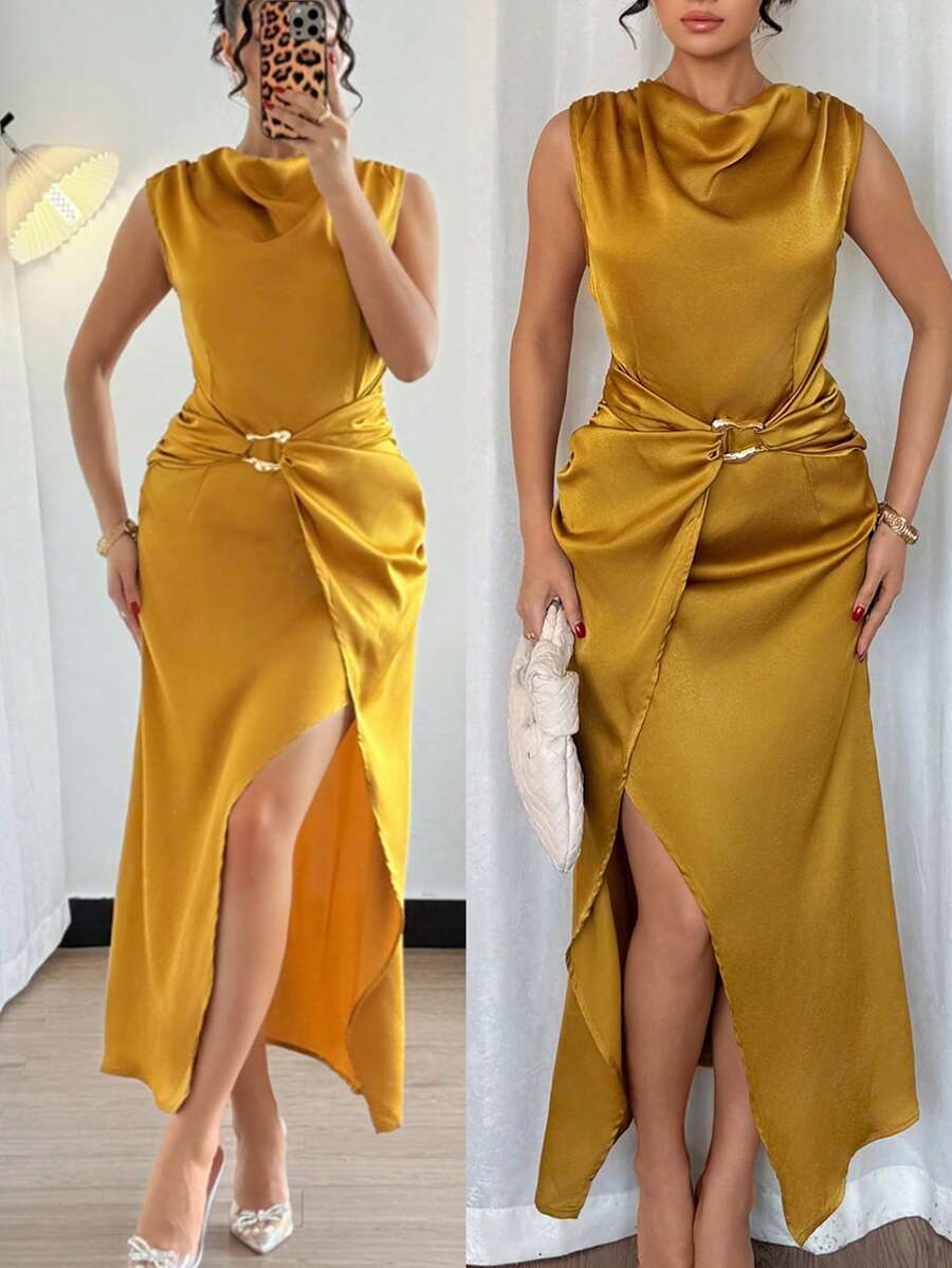 Chiquease 优雅低胸腰部金属装饰开衩芥末黄纯色女式连衣裙 - 芥末黃 - 查看 1