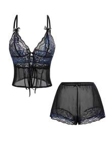 SHEIN Conjunto de pijama de camisola y shorts de encaje azul marino sexy - Negro - Ver 1