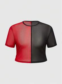 ROMWE Grunge Punk 女式加大码夏季网眼拼布圆领短袖紧身短款上衣