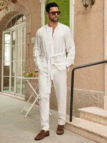 SIGLOCORE Men's Loose Design Tie-Up Long Sleeve Shirt With Layered Look, Spring/Summer Men Resort Wear - White - View 3