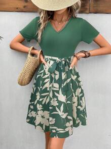 SHEIN Frenchy Váy họa tiết hoa chữ A hai tông màu có đai ở phần trên và phần dưới - màu xanh lá - Xem 5