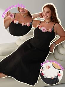 SHEIN EZwear Đầm dự tiệc màu đen họa tiết hoa 3D rộng rãi thoải mái cho nữ cỡ lớn mùa hè - màu đen - Xem 8
