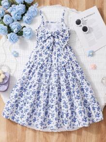 年轻女孩碎花无袖休闲/沙滩裙，蓝色 - 藍色 - 查看 2