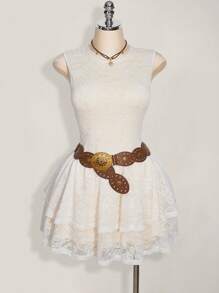 SHEIN ICON 加大码无袖圆领修身分层蕾丝蛋糕裙，波西米亚风，波西米亚时尚，Y2K风格 - 白色 - 查看 3