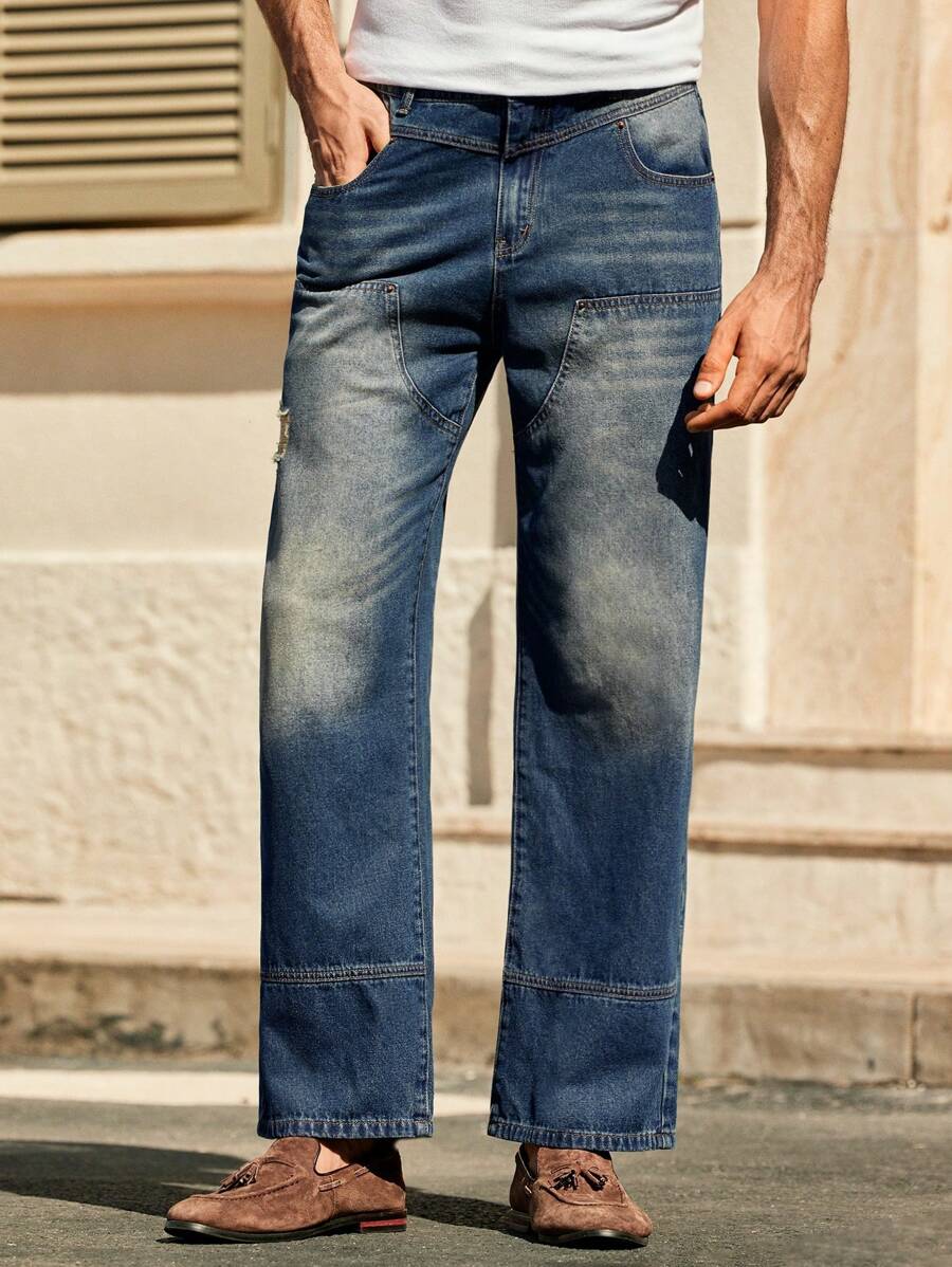 Manfinity VCAY Męskie casualowe jeansy z podartymi nogawkami, spodnie jeansowe - Niebieski - Zobacz 1