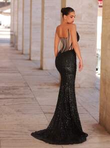 Glamrae 优雅浪漫的抹胸黑银弹力亮片刺绣前卫猫耳特殊形状领子鱼骨结构设计背部修身鱼尾礼服，适合晚宴、单身派对、约会、度假、返校季、毕业季、婚礼活动、重工业晚礼服（重工业风格）、正式、礼服、婚礼宾客、万圣节 - 黑與白 - 查看 1