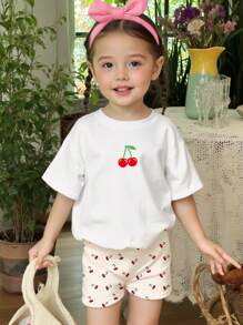 SHEIN Happikins Vintage Cherry Pattern Baby Girl Casual Minimalist Crew Neck Short Sleeve T-Shirt & Shorts 2 Pieces Set, Suitable For Spring & Summer - Multicolor - View 6