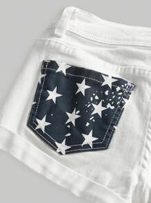 ROMWE J-Fashion Y2K Fashion Flag & Star Print Low-Waist Super Low Waist Denim Shorts - White - View 3