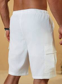 Manfinity RSRT Pantalones cortos casuales de hombre de unicolor con cordón en la cintura y bolsillos con solapa, pantalones cortos casuales de verano para hombre, pantalones cortos cargo casuales para hombre - Beis - Ver 2