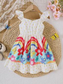 Vestido de fiesta sin mangas con cuello en V con volantes y estampado de flores y mariposas arcoíris para niña, para primavera/verano - Multicolor - Ver 3