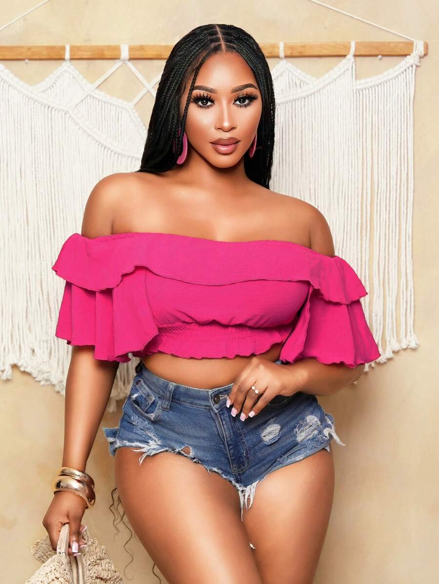 BamGleam Women's Sexy Solid Color Off Shoulder Ruffle Hem Cropped Shirt, Summer